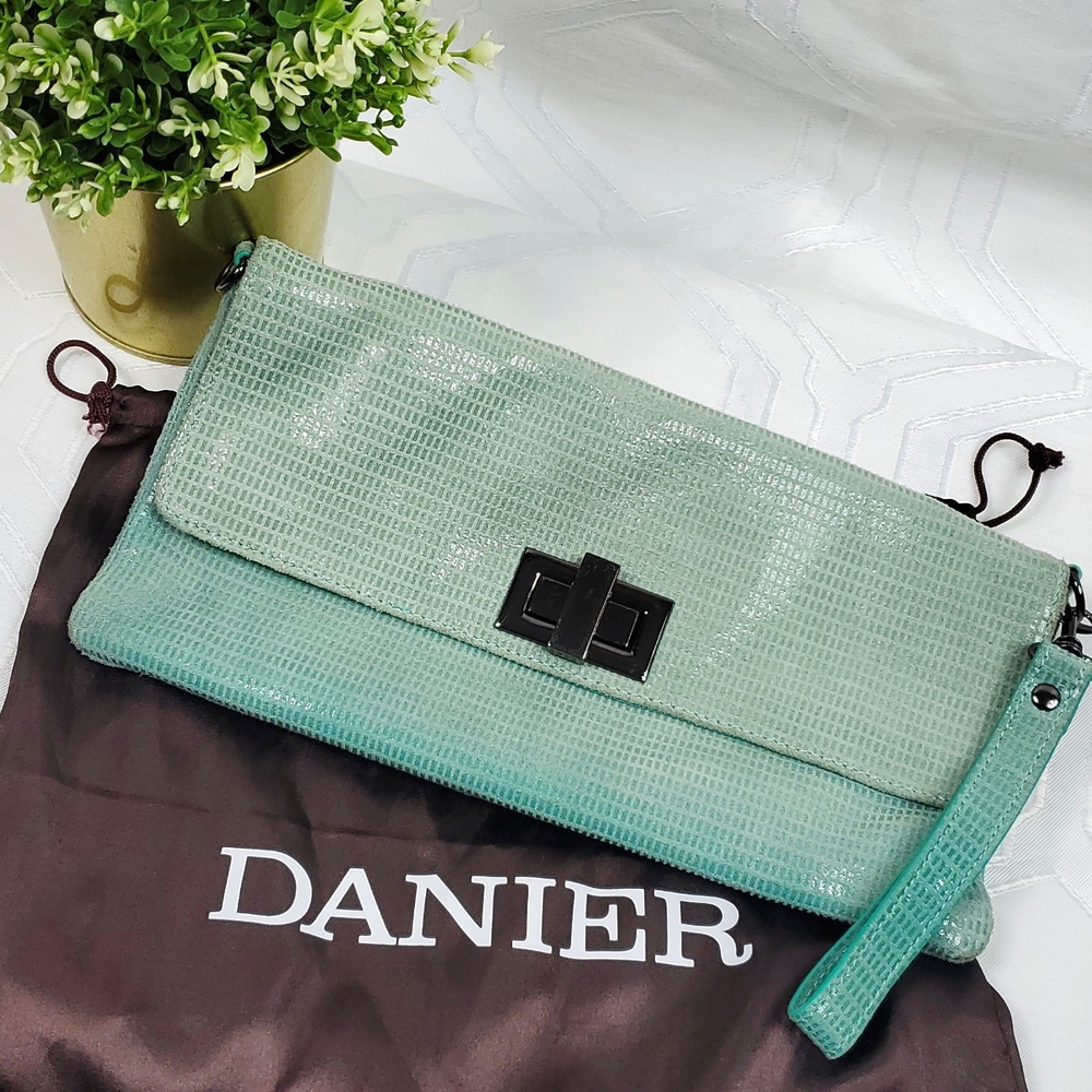 Danier Genuine Leather clutch Handbag ocean Blue (faded)